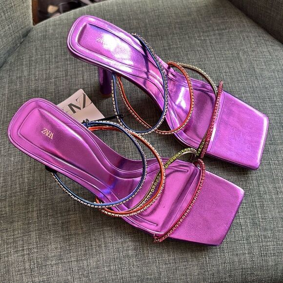 Zara Multicolor metallic purple Strappy women’s colorful Heels size us 8 NWT fun - Picture 5 of 16